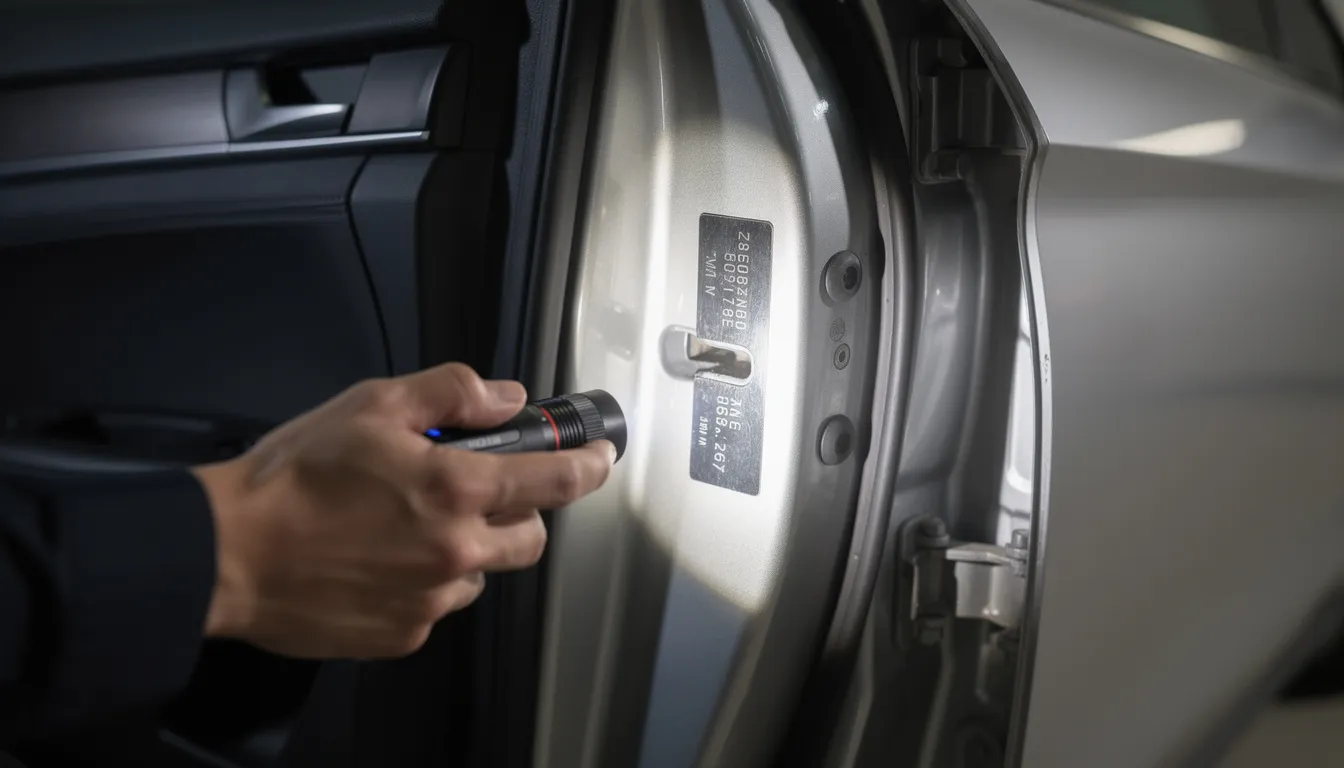 A person is inspecting a vehicle identification number (VIN) plate inside the door jamb of a car using a flashlight, ensuring the car's history is clear of any written off vehicles or significant damage. This careful check is essential for verifying the vehicle's status and avoiding potential risks associated with damaged vehicles.