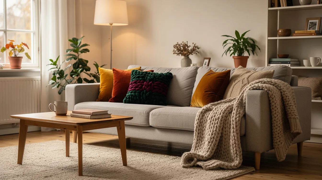 Ett mysigt vardagsrum med prydnadskuddar i olika höstfärger, gjorda av sammet och stickade material, ligger på soffan. Kuddarna, som är 50x50 cm stora, skapar en varm och inbjudande atmosfär i rummet.