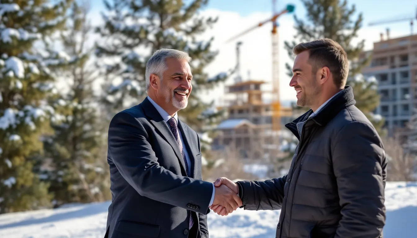 In the image, attorney Steve Johnston is shaking hands with a satisfied client against the backdrop of a scenic construction site in Winter Park, Colorado. This moment highlights the positive attorney-client relationship, emphasizing the support provided by experienced Colorado workers compensation attorneys for injured workers navigating their workers compensation claims.