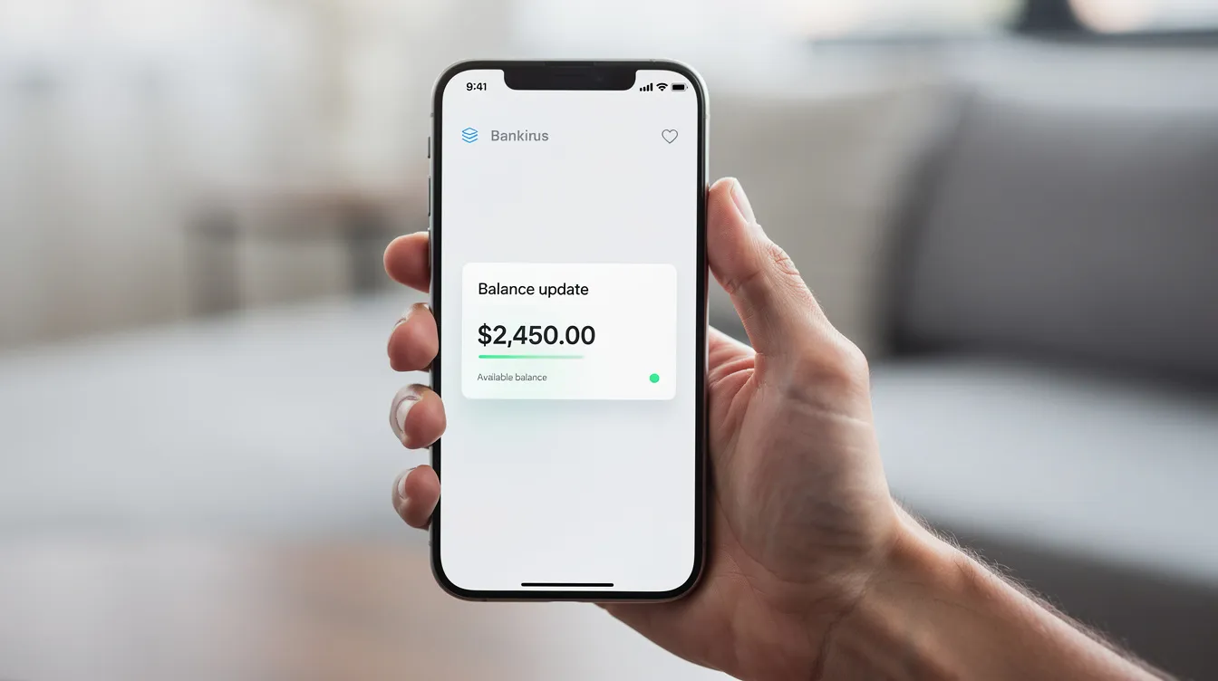 An individual is holding a smartphone that displays a mobile banking app, featuring a balance notification on the screen, indicating the user's funds. This app allows customers to transfer money, pay utility bills, and securely manage their bank account through the airtel payments bank service.