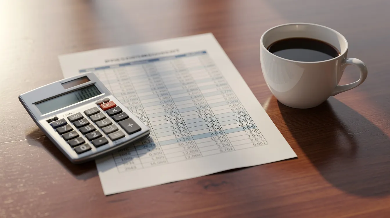 Op een houten bureau ligt een rekenmachine naast een open spreadsheet en een koffiekopje. Deze setting weerspiegelt een werkomgeving waar ondernemers hun business plan en financiële analyses opstellen.