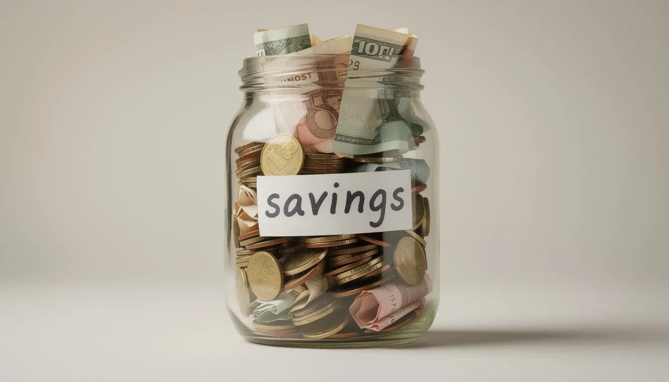 The image shows a glass jar labeled "savings" filled with various bills and coins, symbolizing the importance of setting aside money to manage expenses like insurance deductibles and premiums. This visual represents financial planning and the goal of saving money for unexpected costs, such as those related to auto or homeowners insurance.