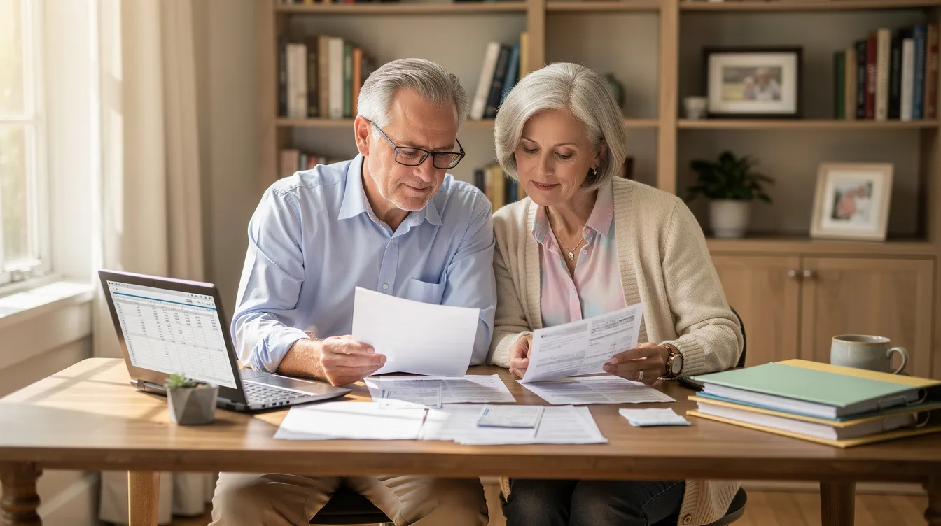 An elderly couple sits together at a desk, reviewing documents related to their retirement accounts, possibly discussing options for investing in physical precious metals like gold and silver coins. The scene reflects their collaborative effort to manage their retirement savings and explore opportunities within the precious metals industry.