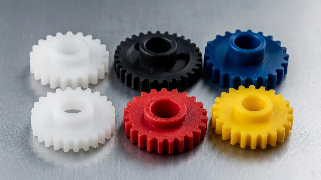 The image features a collection of precision CNC machined plastic gears and bushings in various vibrant colors, neatly arranged on a metal surface. These components, known for their excellent dimensional stability and wear resistance, showcase the capabilities of CNC plastic machining in creating high-quality, durable parts.