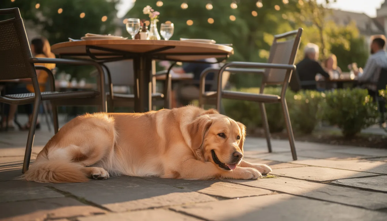 A golden retriever is relaxing comfortably under a shaded patio table at a dog friendly restaurant, enjoying the outdoor atmosphere in Richmond, VA. The scene captures the essence of pet friendly dining, with water bowls nearby and a welcoming vibe for both pups and their owners.