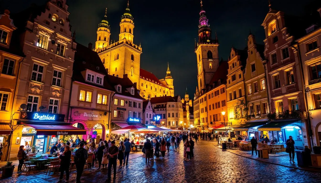 The image captures Bratislava's Old Town at night, showcasing illuminated historic buildings amidst a bustling nightlife scene filled with lively bars and tourists enjoying the vibrant atmosphere. The cobbled streets and stunning views of the Danube River create a perfect backdrop for an unforgettable stag weekend in the Slovakian capital.