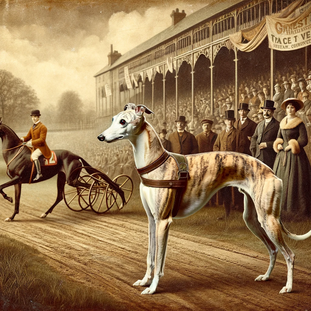 Here's the historical image of a Whippet dog, set in the early 20th century. The Whippet is depicted in a classic pose on a race track, wearing a period-appropriate racing harness, with early racing banners and spectators in period clothing in the background, evoking the era when Whippet racing was a popular sport