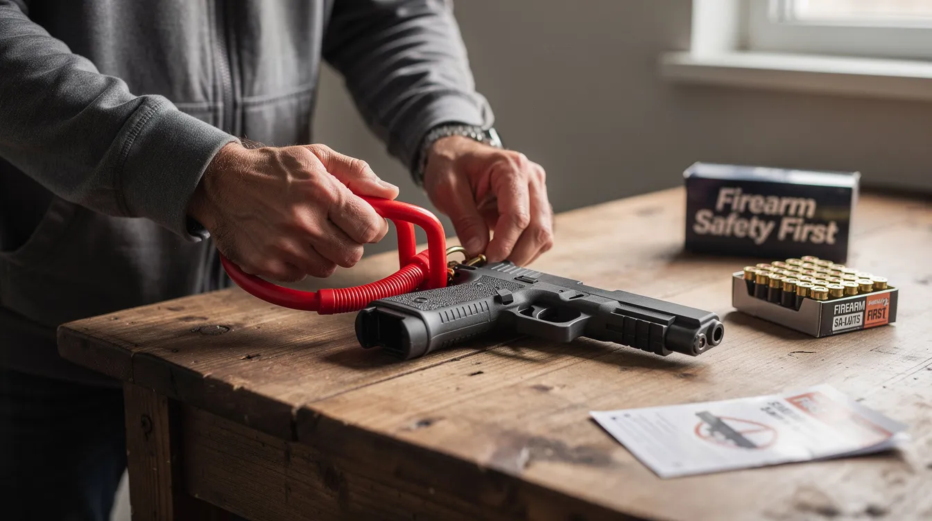 A responsible adult is securing a firearm with a cable lock on a wooden table, demonstrating proper firearm safety practices. This action reflects adherence to Iowa gun laws regarding the storage of dangerous weapons and emphasizes the importance of safety training for those who carry firearms.