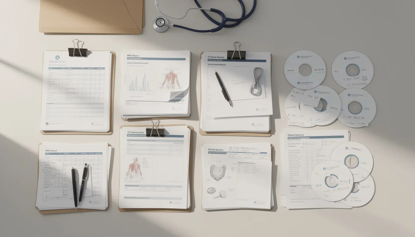 The image shows a neatly organized collection of medical documents and scan discs arranged on a desk, likely related to a lung cancer diagnosis and treatment plan. These records may include information on treatment options, clinical trials, and the patient's cancer journey, emphasizing the importance of informed decisions and possibly seeking a second opinion from healthcare professionals.