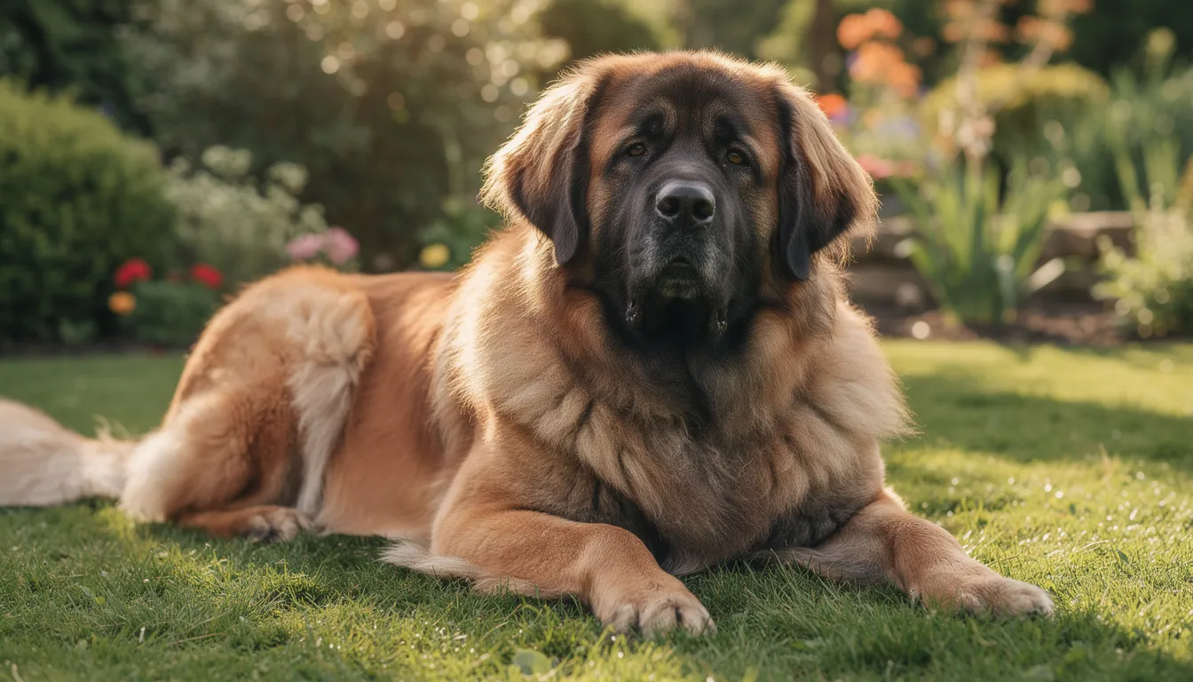 Na zdjęciu znajduje się dorosły pies rasy leonberger, leżący na trawie w słonecznym ogrodzie. Jego bujna sierść w kolorze lwi żółty i charakterystyczna czarna maska nadają mu imponujący wygląd, a spokojny charakter sprawia, że jest doskonałym towarzyszem dla rodziny.