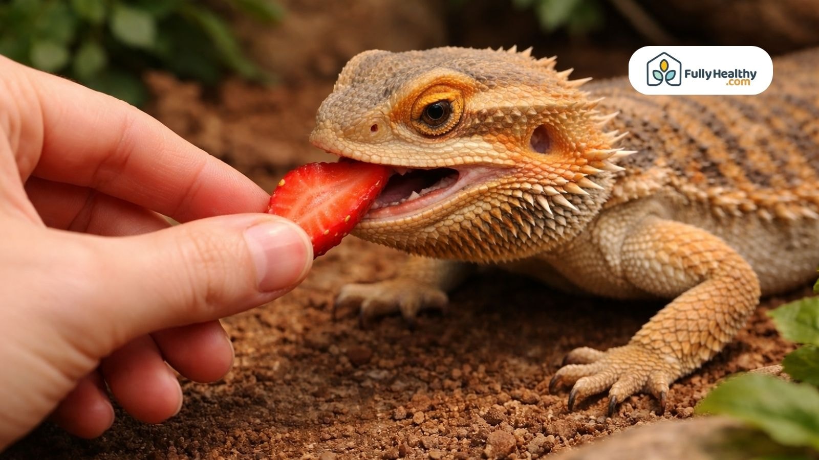 Person hand feeding bearded dragon a fresh strawberry slice outdoors