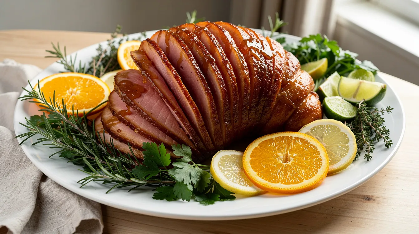 A beautifully glazed golden spiral ham sits on a white platter, surrounded by fresh herbs and vibrant citrus slices, creating an inviting centerpiece for an Easter brunch or dinner. This dish exemplifies the perfect balance of flavors, ideal for an Easter dinner menu or holiday feast.