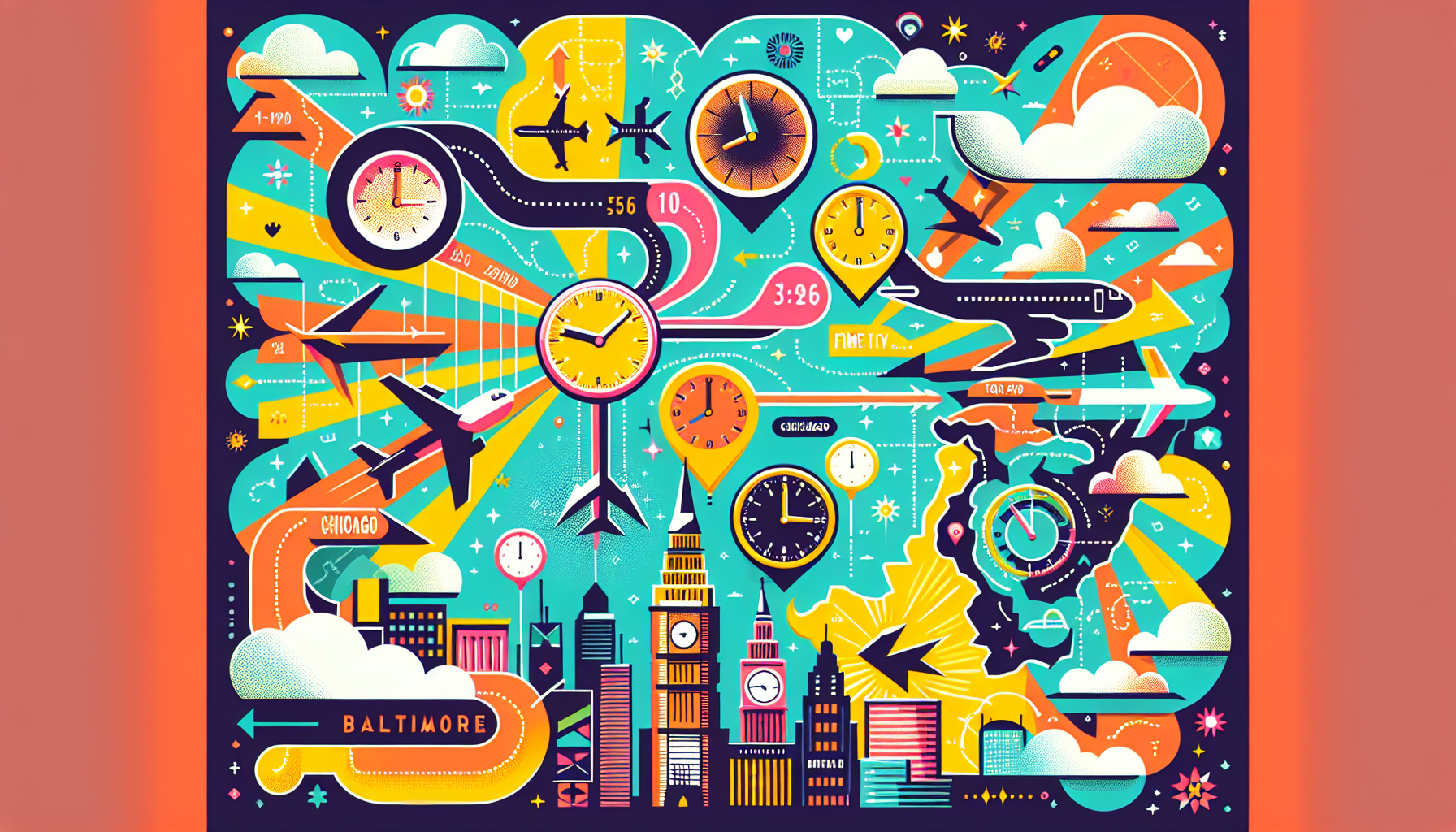 An illustration showing the average flight time from Baltimore to Chicago.