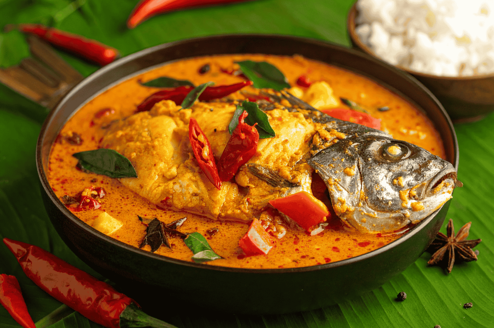 A vibrant bowl of fish curry with red chilies, curry leaves, and spices, served on a banana leaf. A bowl of rice is in the background, creating a warm, appetizing tone.