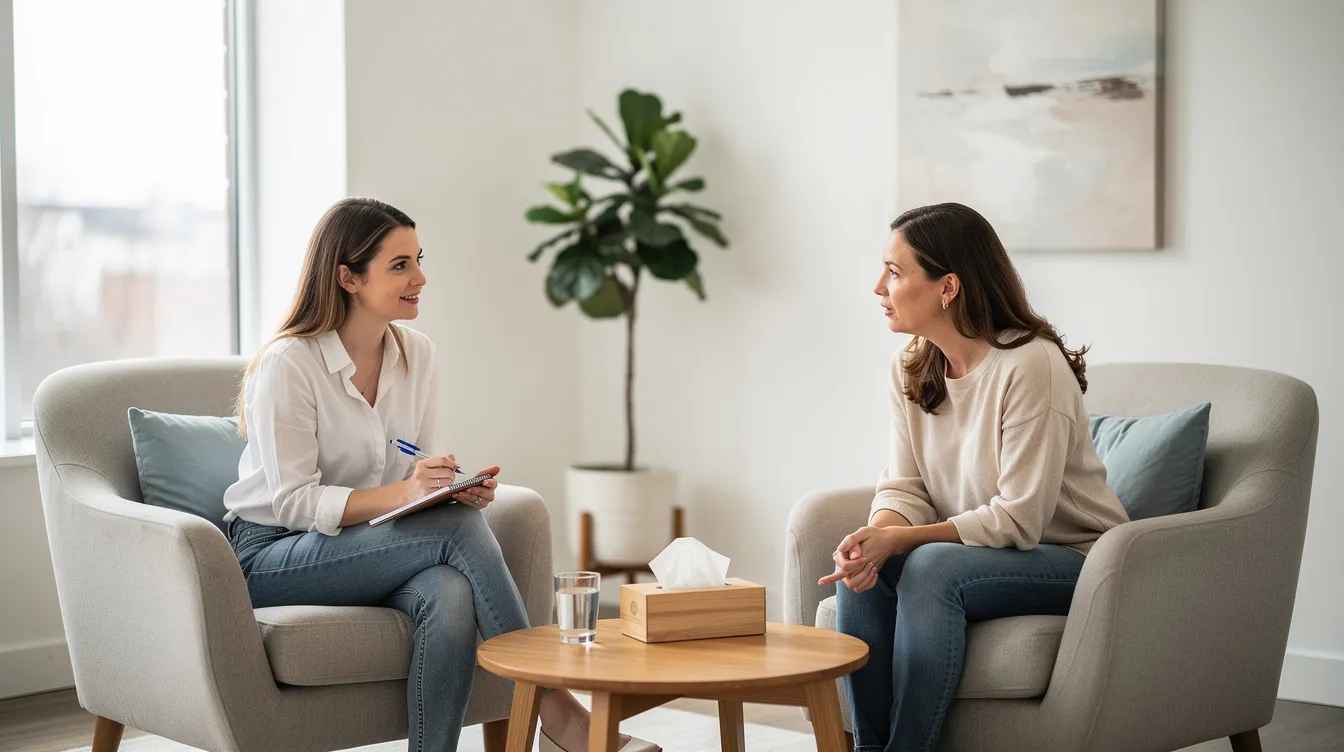 The image shows two women sitting in comfortable chairs, engaging in a conversation in a bright therapy office, which suggests a supportive environment for discussing mental health issues such as postpartum depression. Their interaction reflects the importance of talk therapy and seeking treatment during the postpartum period, especially for new mothers experiencing symptoms like mood swings or feelings of sadness.