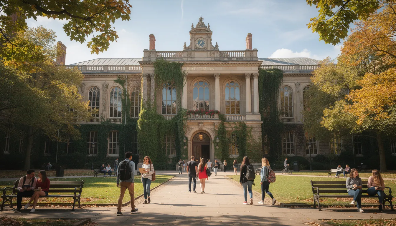 L'image montre un bâtiment universitaire historique en Europe, où des étudiants se déplacent sur le campus, évoquant la vie académique dynamique. Cette scène pourrait se dérouler à Cluj Napoca, en Roumanie, où l'année préparatoire en langue roumaine est une étape importante pour les étudiants internationaux.