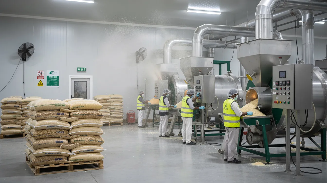 efe01832 fa11 4c04 a1fb 201ff96f0a0c The image depicts the interior of an Indian food processing factory where workers are engaged in operating machinery for puffed rice manufacturing. Nearby, bags of raw rice grains are stacked, highlighting the bustling activity within the puffed rice processing business.
