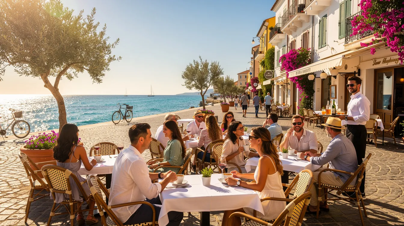 A lively outdoor seaside café on a sunny Mediterranean promenade, filled with people enjoying their meals and drinks while soaking up the vibrant atmosphere. This picturesque setting is ideal for remote workers and digital nomads living in Cyprus, taking advantage of the favorable business environment and beautiful surroundings.