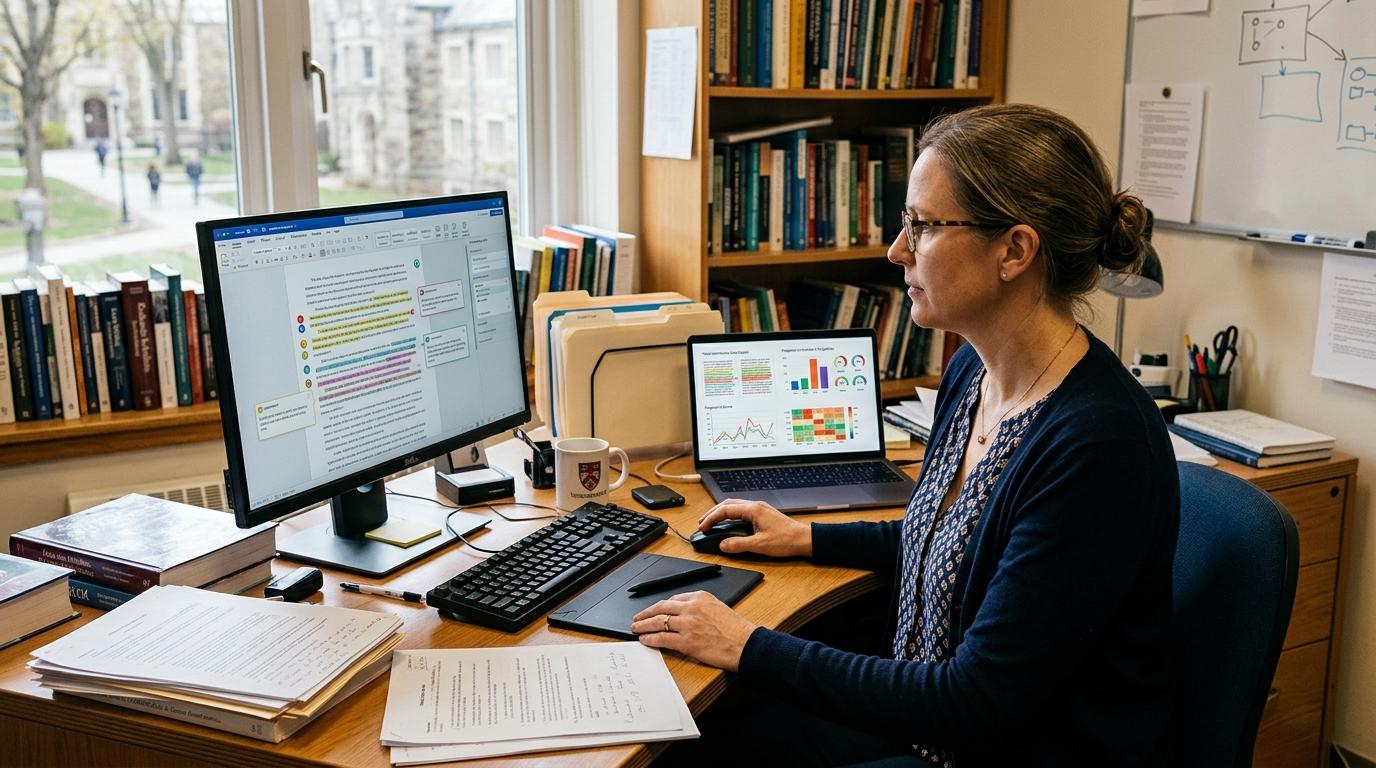 Modern university instructor using AI to evaluate student assignments with personalized feedback while a separate AI system analyzes document originality and writing patterns, realistic academic workspace.