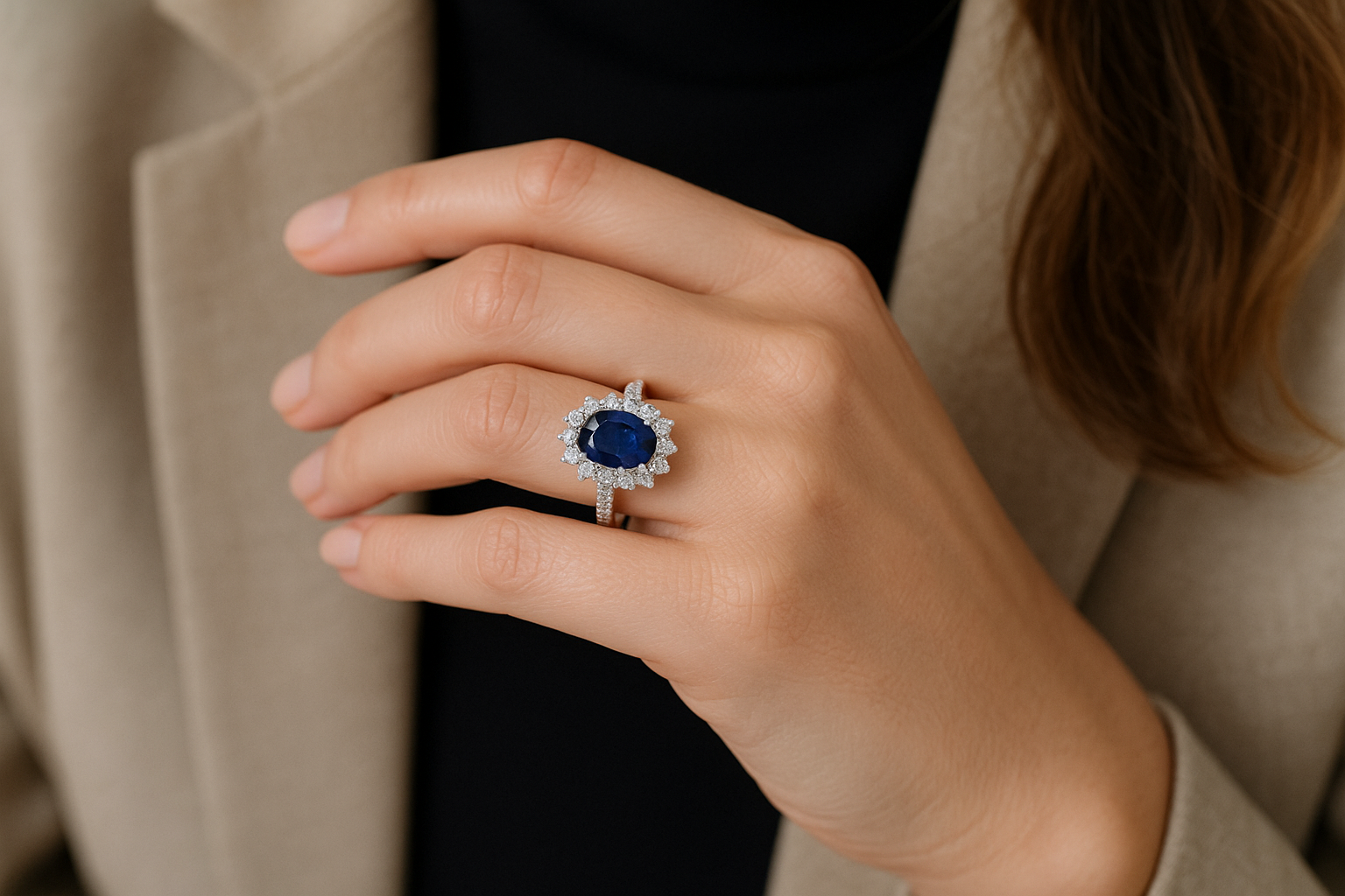 Velso princesės Catherine halo dizaino žiedas su ovalo formos safyru.