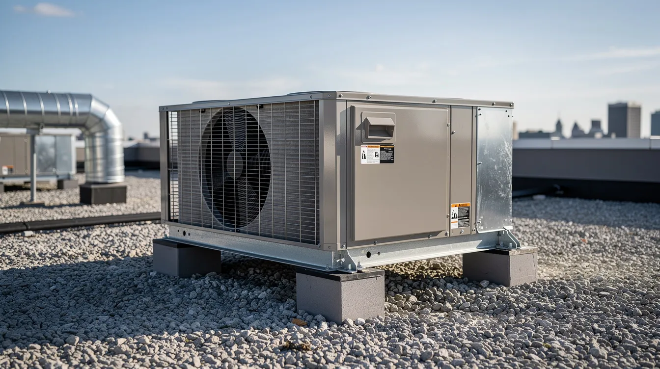 The image depicts an air conditioner installed on a rooftop, showcasing a split system air conditioning unit designed for efficient cooling. The setting suggests a commercial building in the Adelaide Hills, emphasizing the importance of reliable service and quality workmanship in air conditioning installation.
