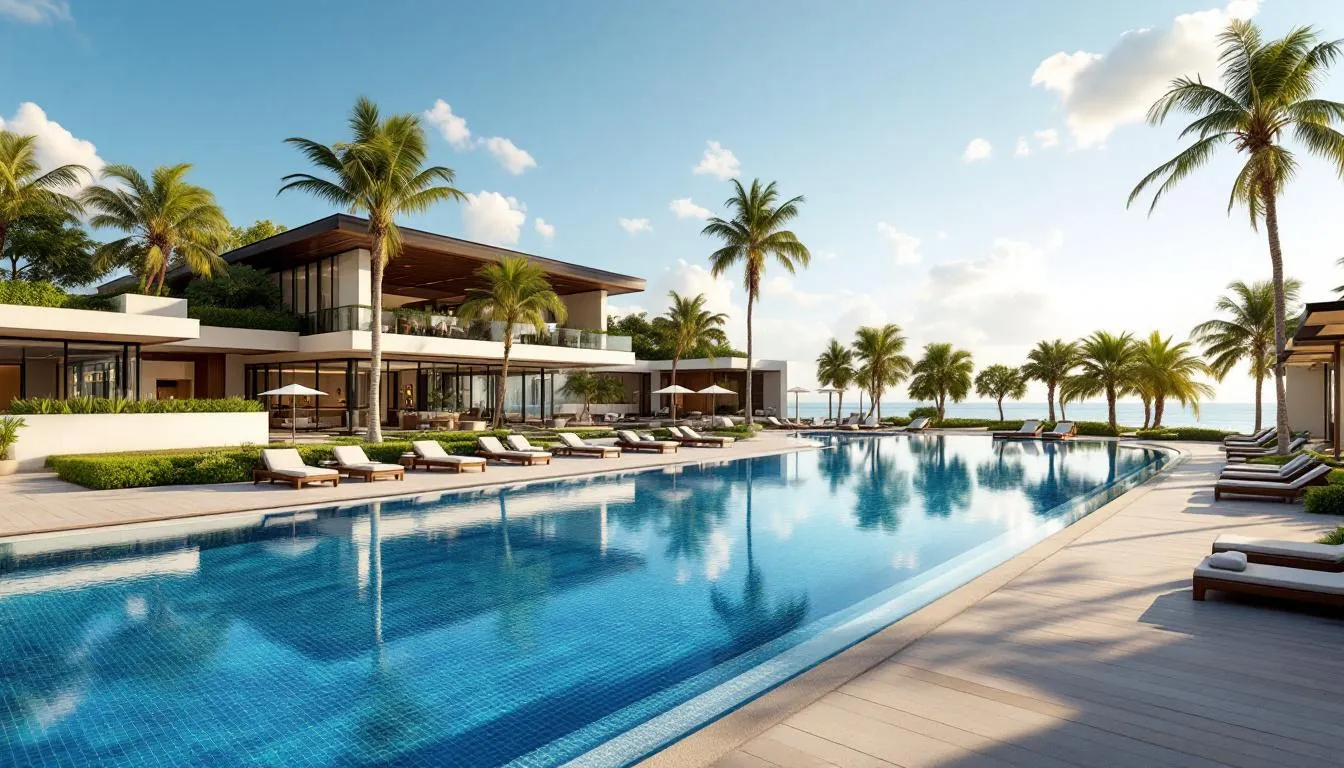 A luxurious hotel resort featuring a stunning pool and various recreational facilities designed for incentive programs, perfect for hosting MICE events and corporate gatherings. The venue offers modern meeting facilities and is ideal for organizations looking to reward employees and boost business tourism.