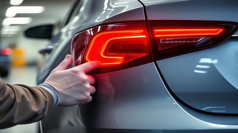 A person inspecting the brake lights of a car.