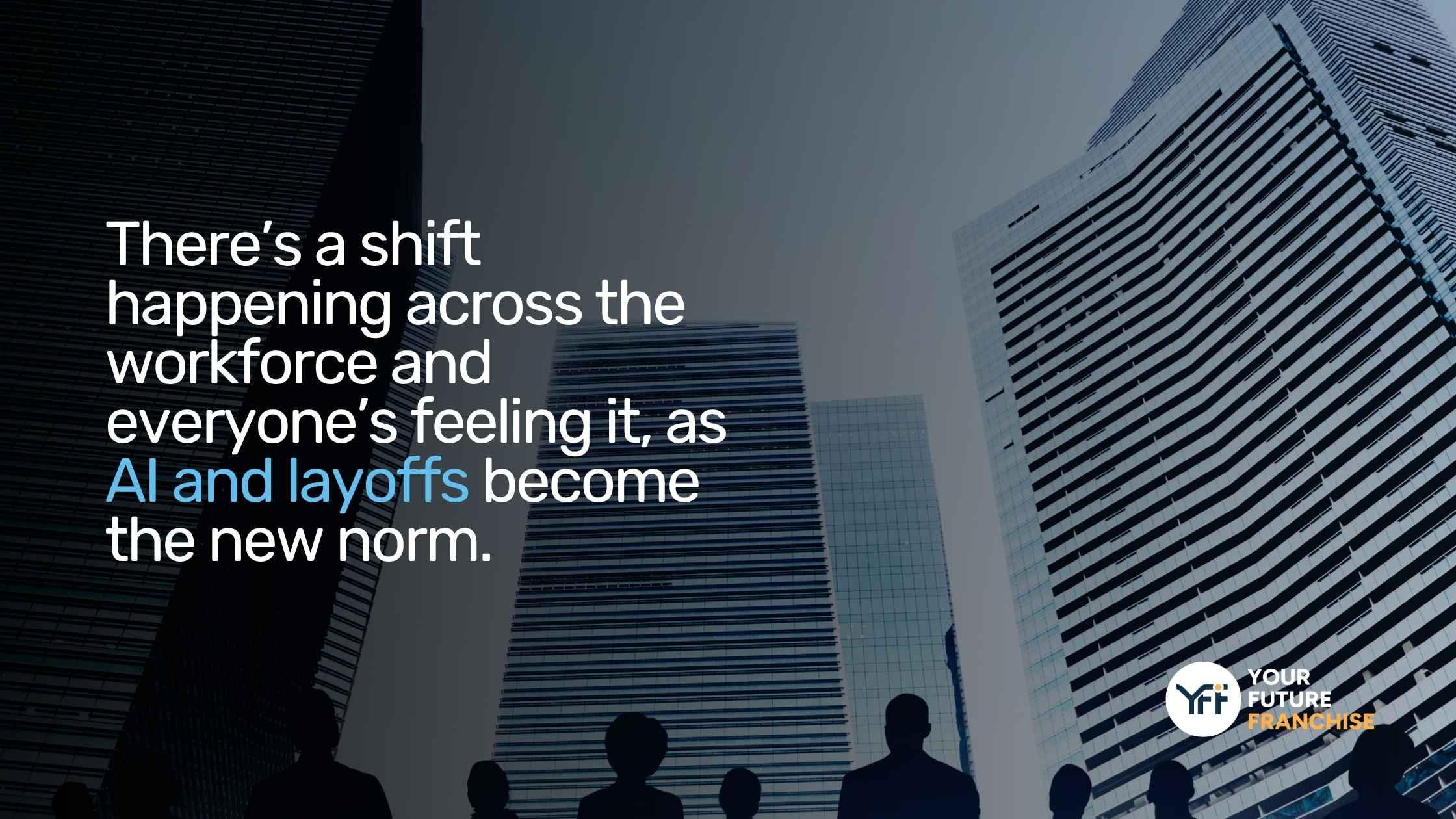 An image of big corporate district buildings and people overlooking them with a quote 