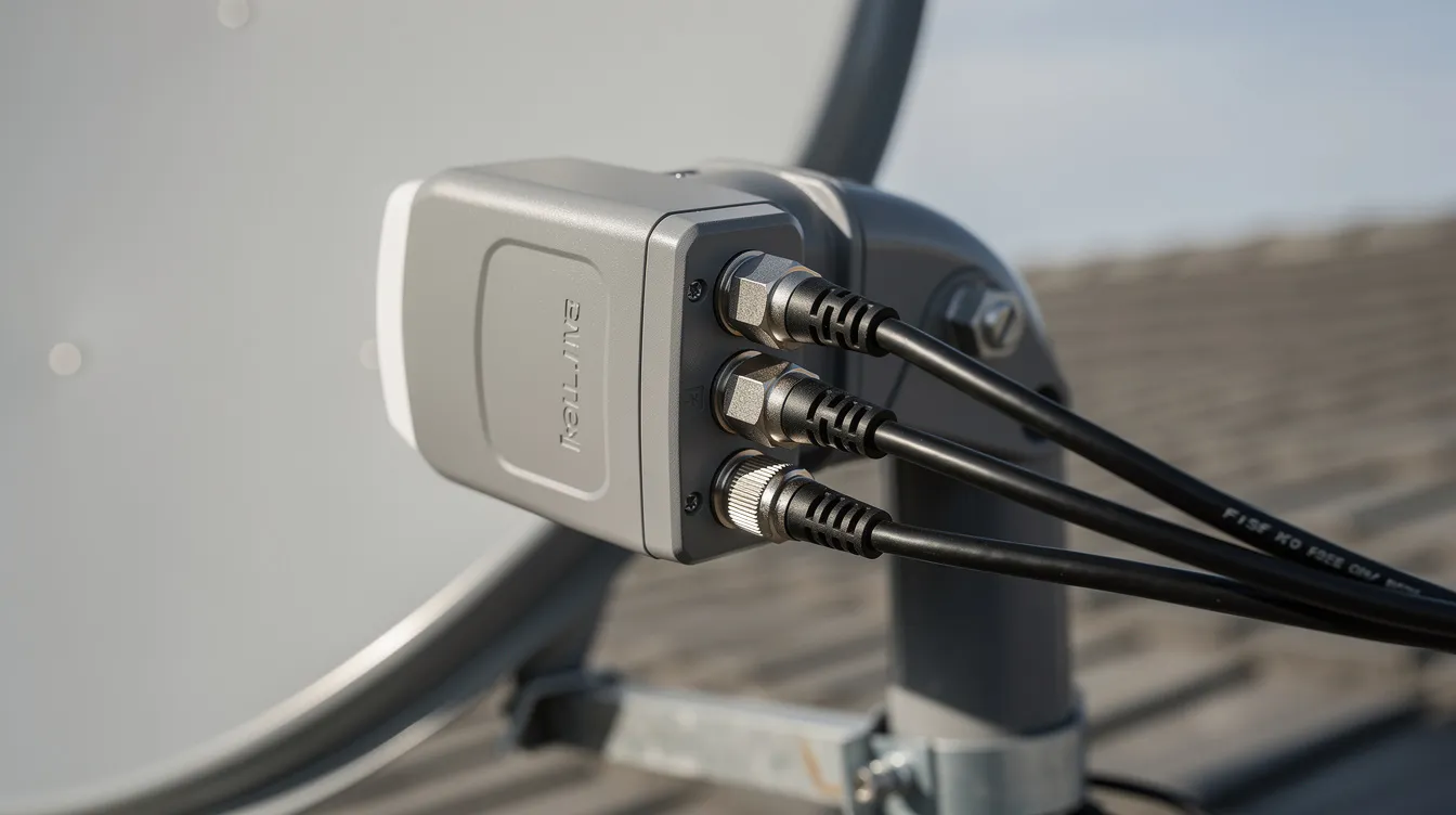 The image shows a close-up of a Smart LNB attached to a satellite dish, with coaxial cables connected, which are essential for ensuring proper signal strength for your DStv decoder. This setup is crucial for running the DStv installation wizard and avoiding any signal problems or incorrect settings during installation.