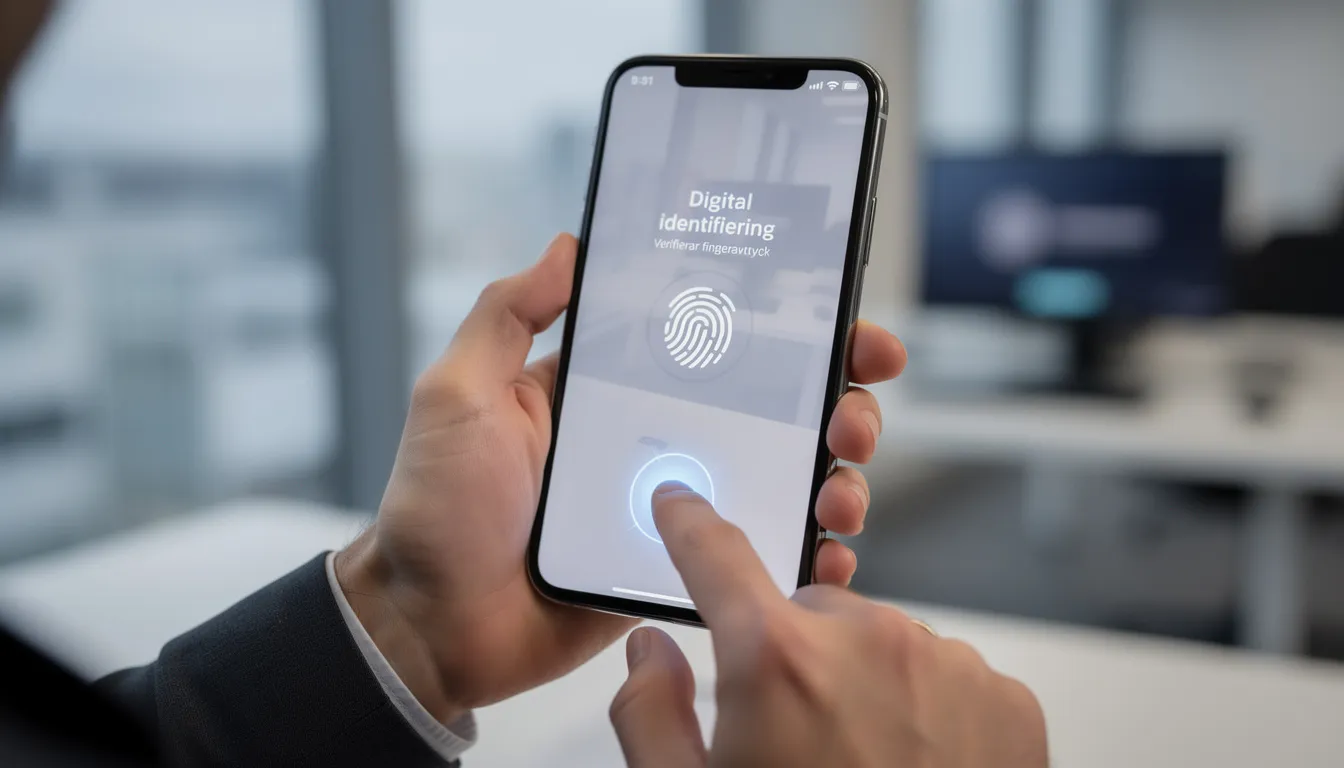 En person använder sin mobiltelefon för digital identifiering genom fingeravtryck, vilket gör det enkelt att logga in och börja spela hos Dunder Casino. Denna metod ger snabba och säkra insättningar och uttag för svenska spelare.