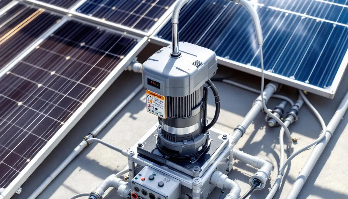 The image features a close-up view of a solar water pump system, showcasing essential components such as solar panels, a pump motor, a controller, and piping connections. This solar-powered system is designed for reliable operation, providing access to clean water while harnessing the benefits of solar power.