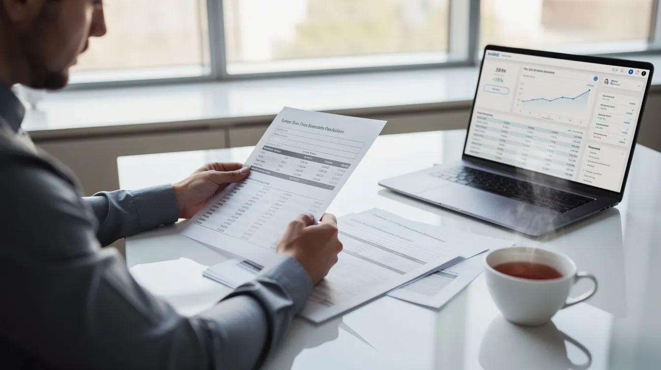 An entrepreneur is seated at a desk, carefully reviewing loan documents and bank statements while enjoying a cup of tea. The scene reflects the meticulous process of applying for a Mudra loan, highlighting the importance of a clear business plan and financial documentation for loan approval.