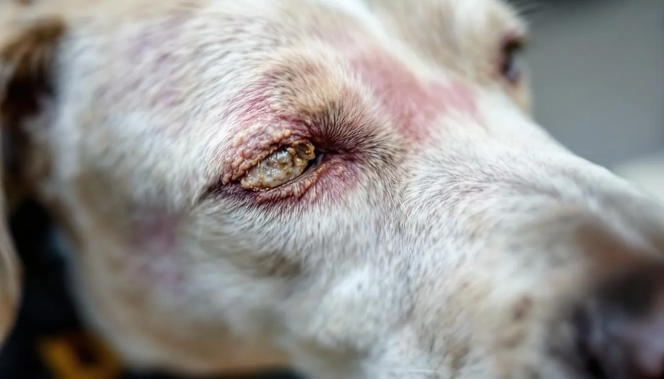 A close-up image shows a comparison between healthy dog skin and inflamed, irritated skin, highlighting the redness and scaling associated with skin diseases. The healthy skin appears smooth and intact, while the inflamed skin displays signs of skin inflammation and scaly patches, indicative of possible bacterial or fungal skin infections.