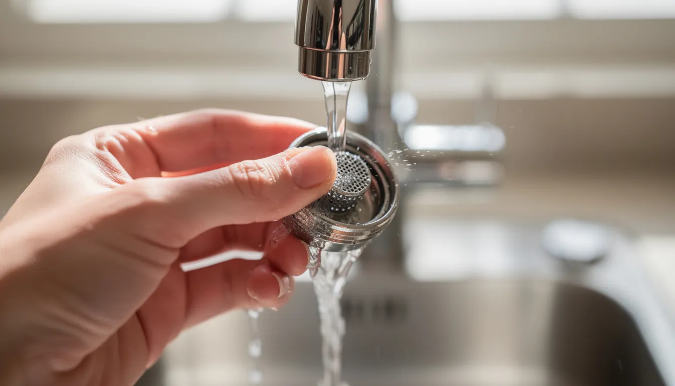 A hand is seen cleaning a faucet aerator under running water, which helps remove mineral buildup that can cause low water pressure issues in the plumbing system. This maintenance ensures consistent water flow and improves overall water quality in the kitchen sink.