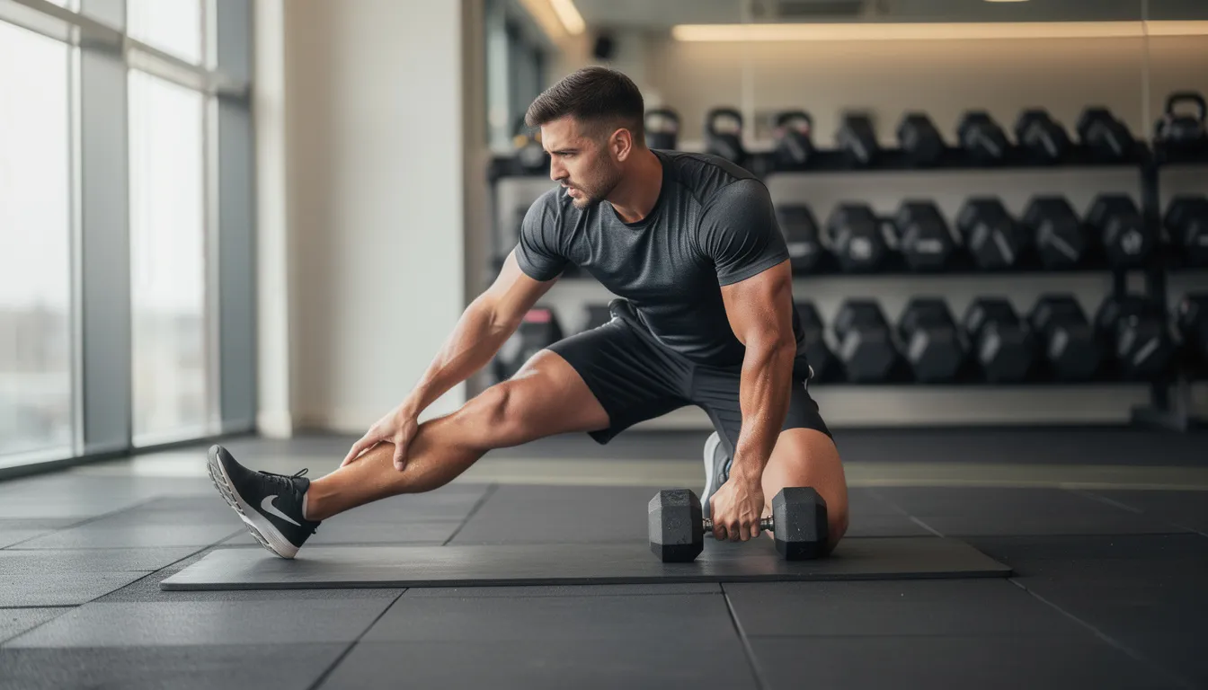 An athletic man is performing post-workout stretching in a gym, focusing on his muscle recovery and enhancing blood flow. This routine is essential for maintaining peak performance and managing stress, potentially incorporating benefits like improved testosterone levels and cardiovascular health.