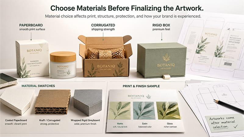 Packaging material comparison with paperboard, corrugated board, rigid box, and print samples