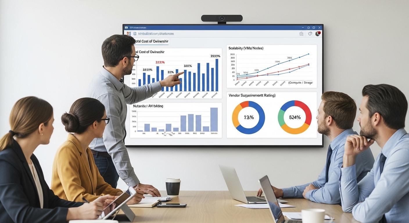 IT decision-makers comparing virtualization platforms on a digital dashboard, evaluating cost, scalability, support, and infrastructure requirements