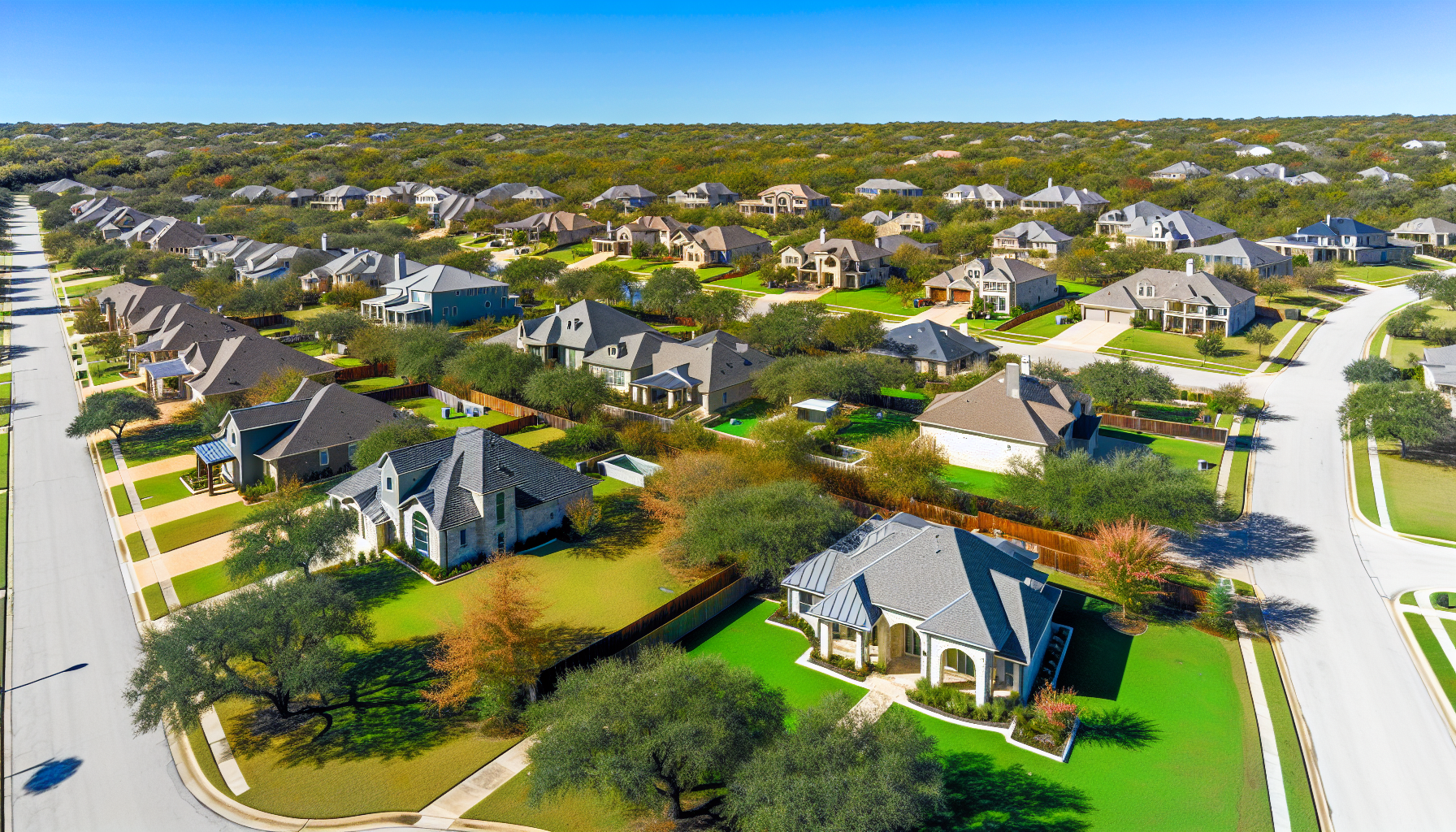 Aerial view of spacious acreage homes in Austin, Texas