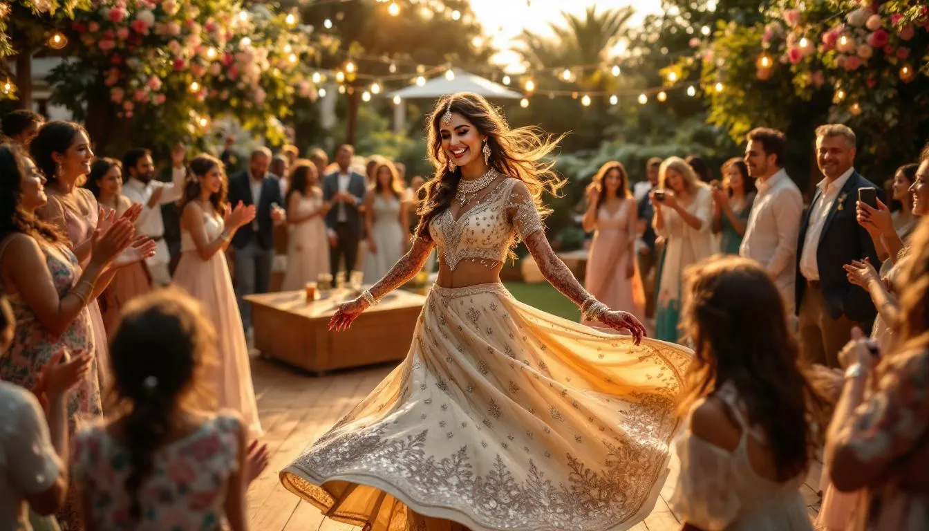 A joyful bride dances in a vibrant mehendi lehenga adorned with intricate embroidery, surrounded by her friends and family during a lively outdoor celebration. The scene captures the essence of a traditional mehendi ceremony, showcasing her natural beauty and playful spirit on this special day.