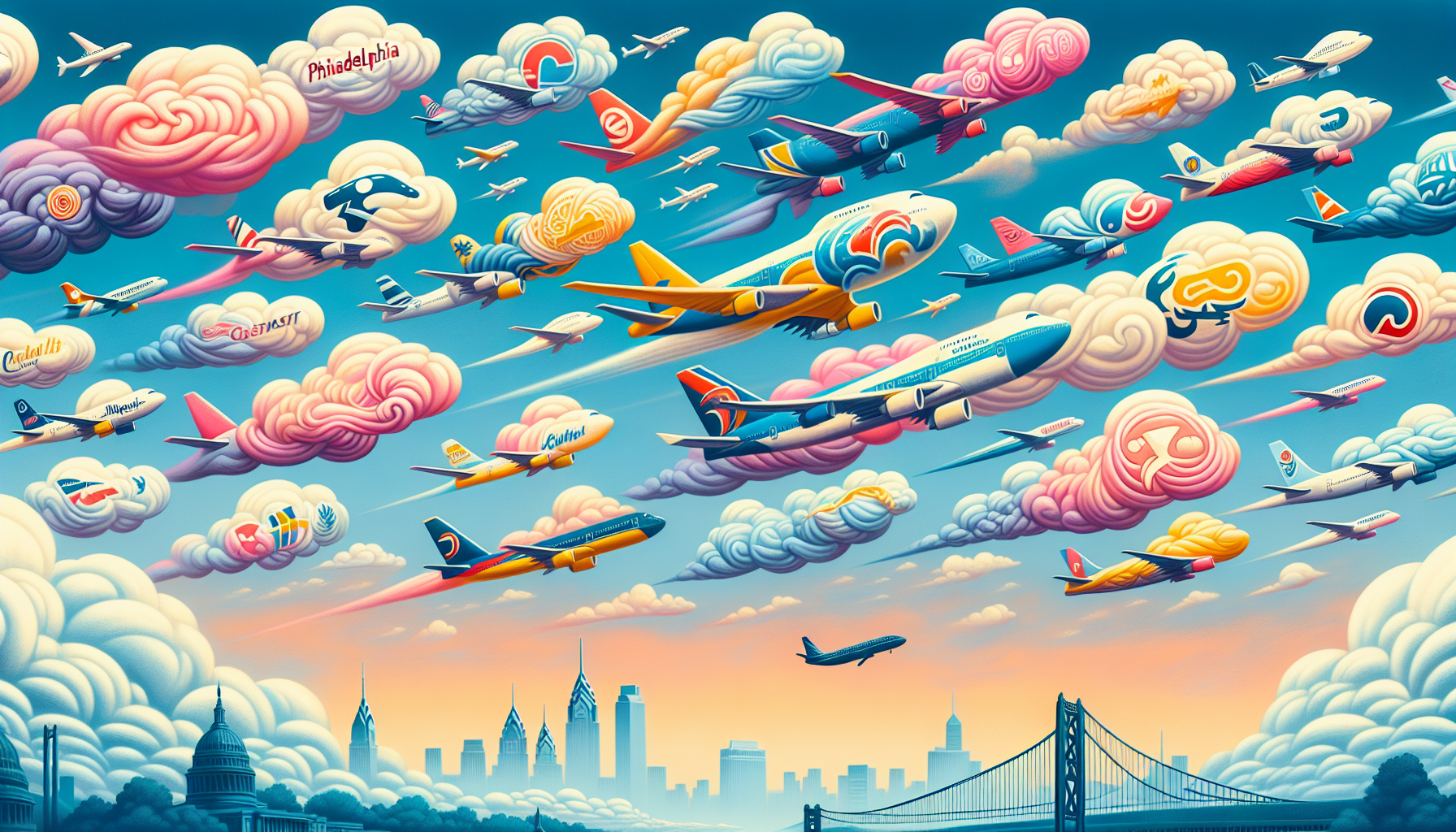 Illustration showcasing popular airlines for flights from Philadelphia to San Francisco.