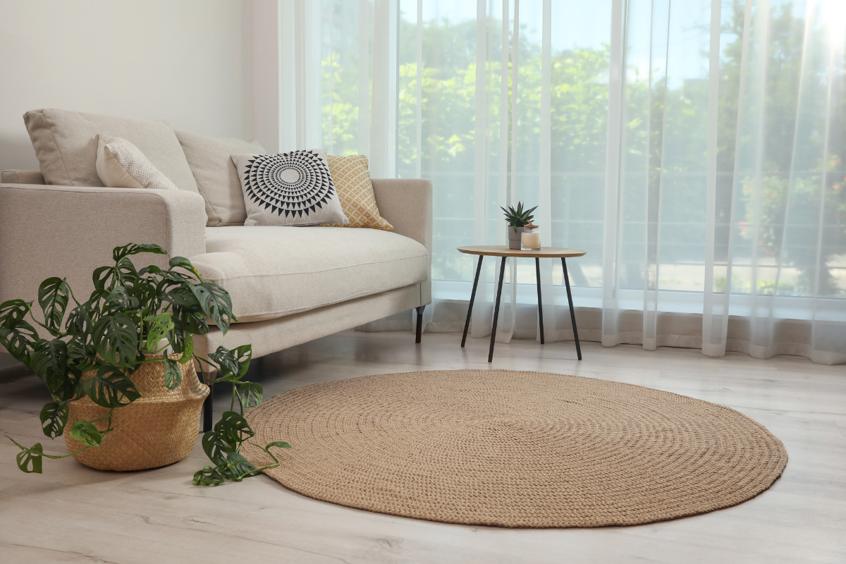 A round rug placed under a coffee table in a living room