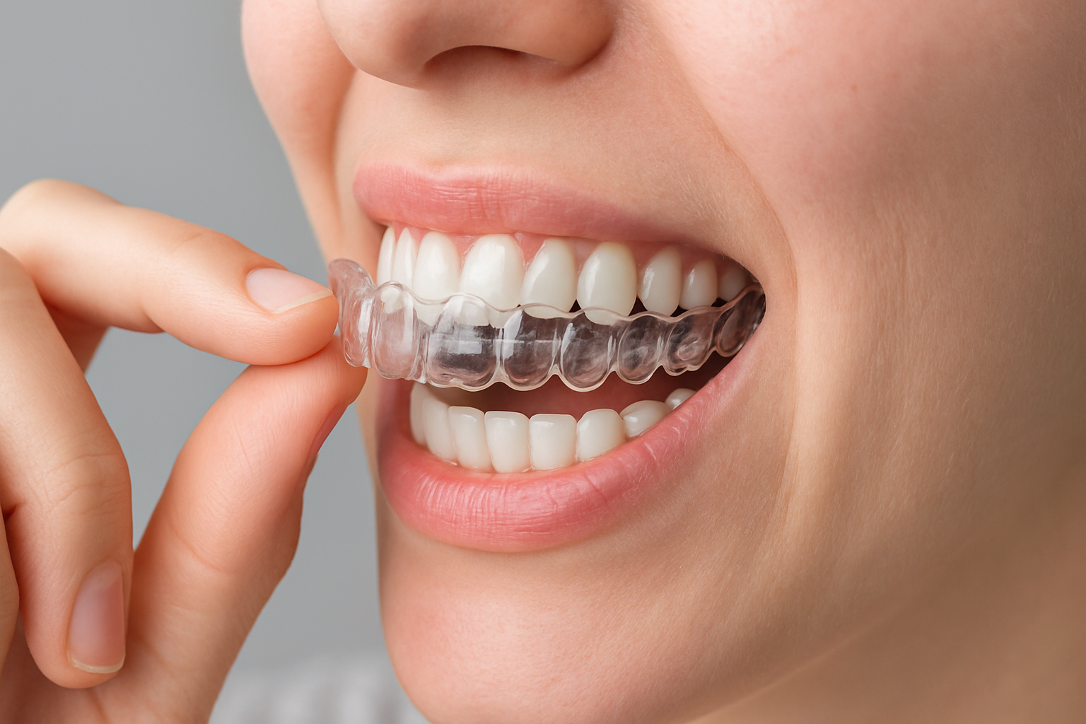 En person setter inn en gjennomsiktig reguleringsskinne på tennene sine med rene hender og et smilende uttrykk. rette tenner usynlig regulering hos tannlegen lang tid dersom du ønsker antall skinner tannlegen vurdere tenner samt nytt smil tennene flytter dypt bitt gå videre endt behandling bytter skinner måtte bruke nye posisjonen smilet våre finnes tar undersøkelse mindre