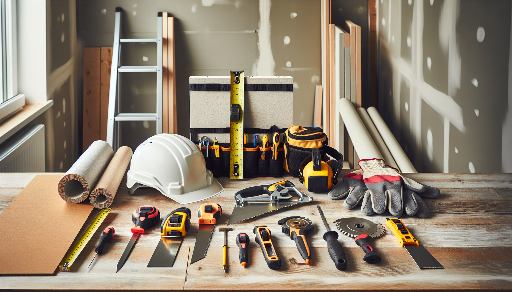Various tools and accessories for drywall projects