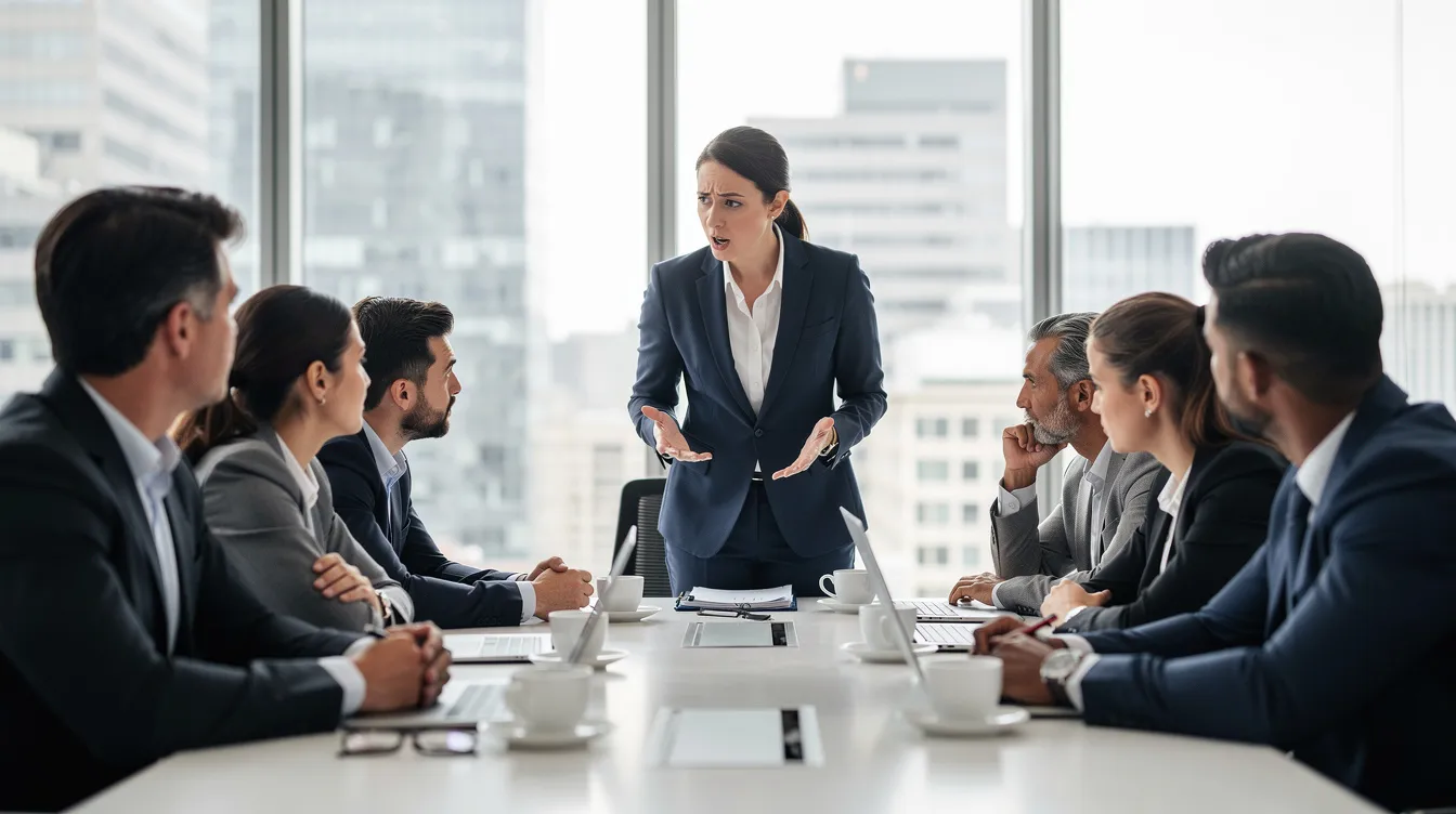 Dans une salle de réunion, des professionnels discutent, certains affichant des signes d'hésitation tandis qu'un collègue prend la parole avec assurance, illustrant l'effet de groupe et l'influence sociale au sein de l'équipe. Les membres du groupe partagent des opinions divergentes, mettant en lumière les dynamiques de la prise de décision collective.