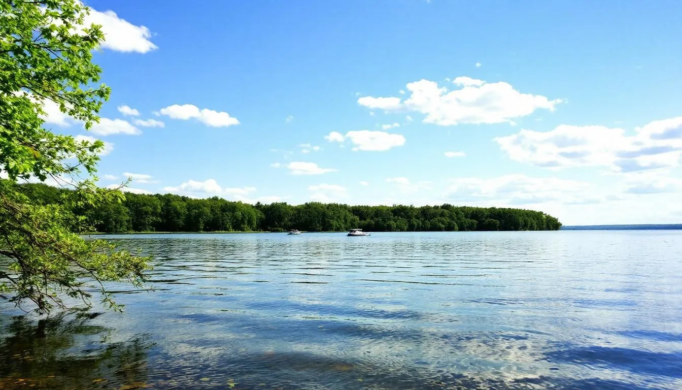 The image depicts a serene view of Lake of the Ozarks, with families enjoying a sunny day on their fishing boats and personal watercraft, surrounded by lush greenery and gentle waves. This picturesque setting highlights the importance of boat insurance for protecting vessels and ensuring a safe and enjoyable boating lifestyle.