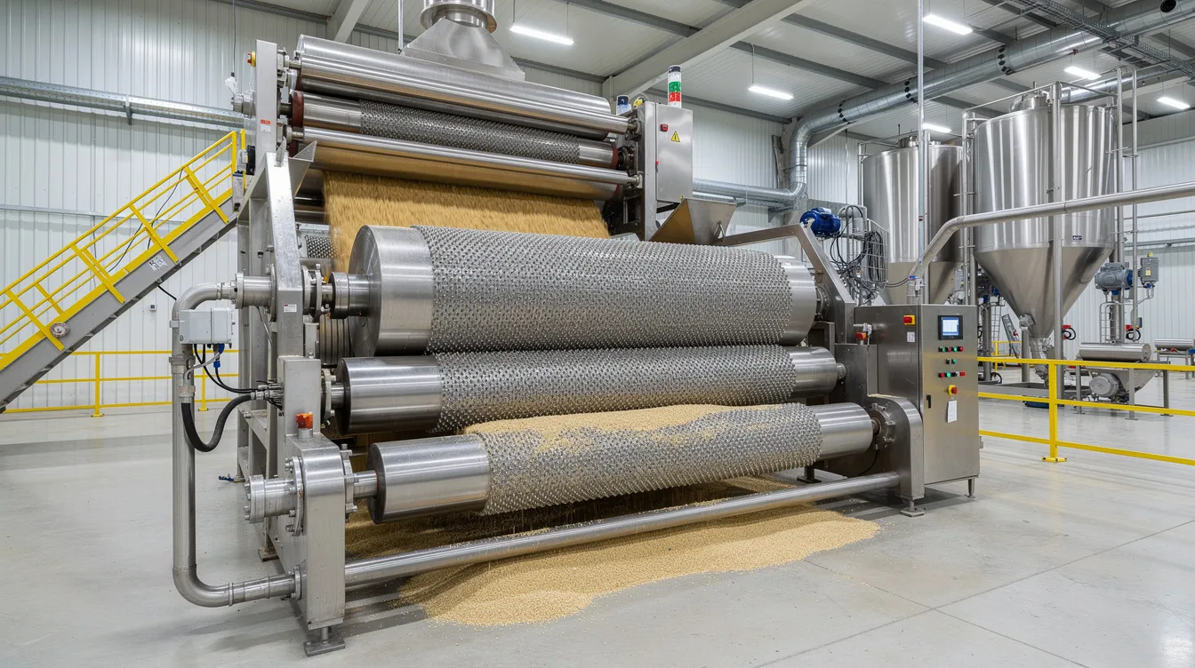 The image shows industrial grain processing rollers and machinery inside a food manufacturing facility, specifically designed for poha production. This setup includes equipment for flattening rice and processing raw paddy into high-quality rice flakes, showcasing the manufacturing process essential for a poha manufacturing business.