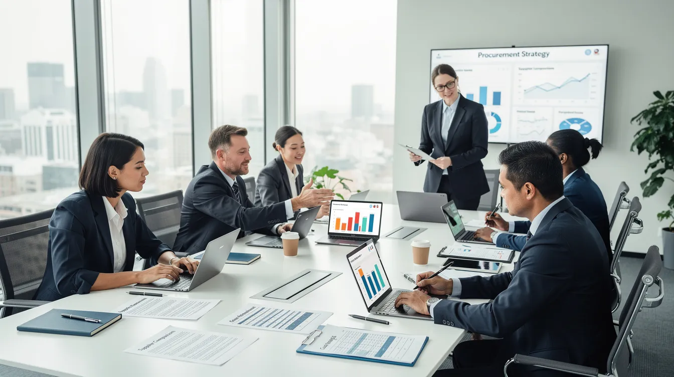 Un team di professionisti degli approvvigionamenti collabora attorno a un tavolo di conferenza, discutendo strategie per la gestione dei fornitori e l'automazione dei processi di acquisto. L'atmosfera è di cooperazione, con documenti e strumenti di analisi disposti in modo ordinato, evidenziando l'importanza della conformità e della qualità nella supply chain.