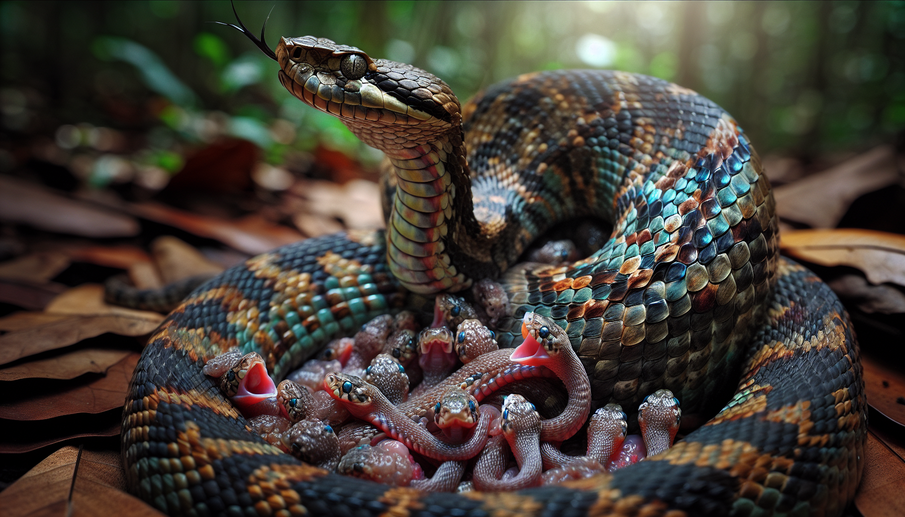 Fer de lance snake giving birth to young offspring
