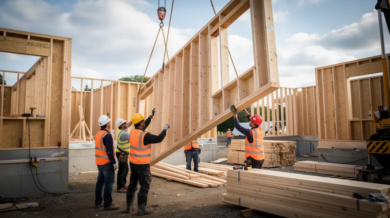 Une équipe de charpentiers travaille sur un chantier de construction bois, levant un panneau d'ossature pour une surélévation de maison à Nantes. Ce projet d'extension vise à agrandir l'espace de vie en utilisant des matériaux en bois, typiques de la région Loire-Atlantique.