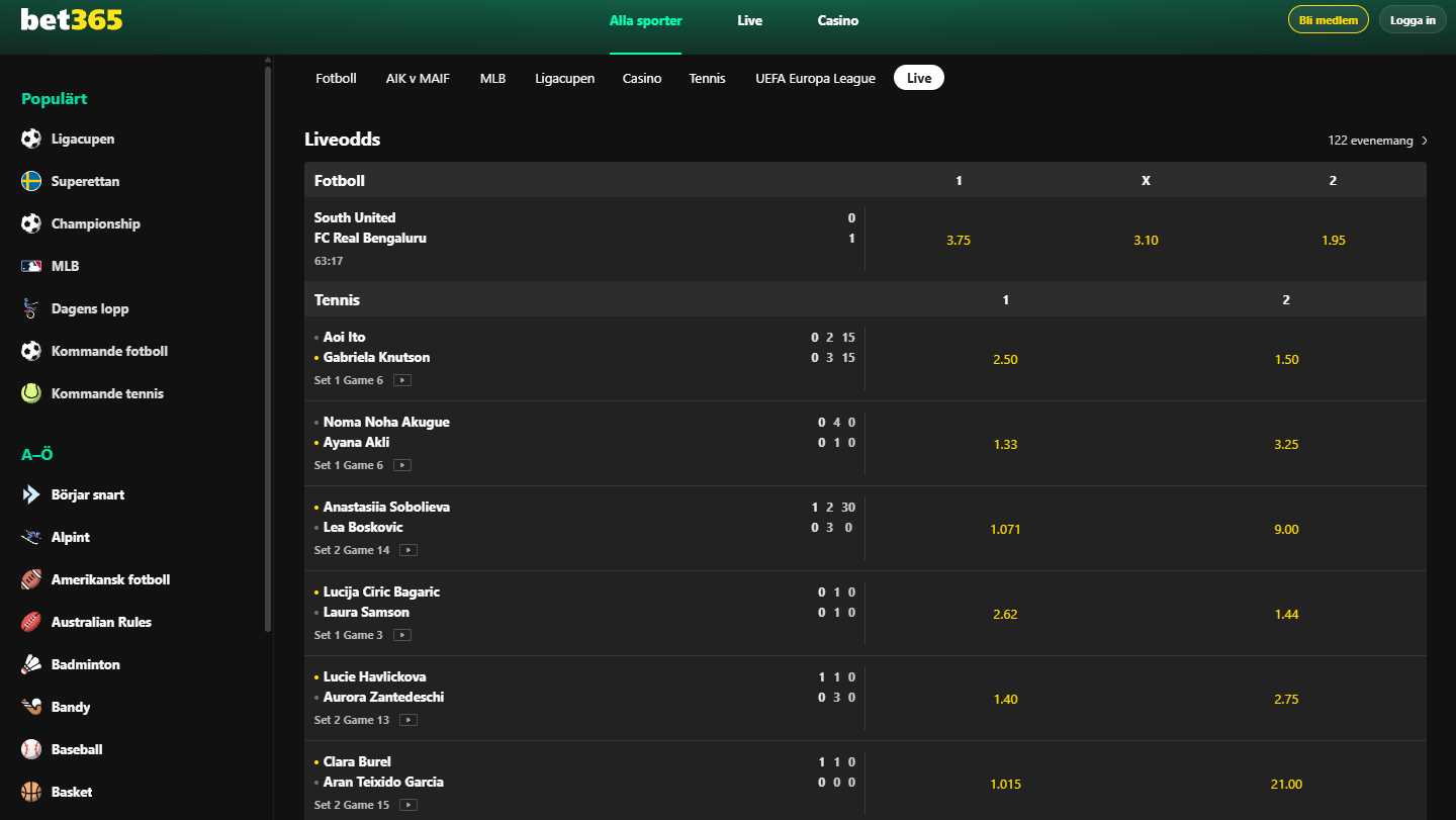 Bet365 livebetting med pågående matcher, aktuella resultat och liveodds på flera sporter.